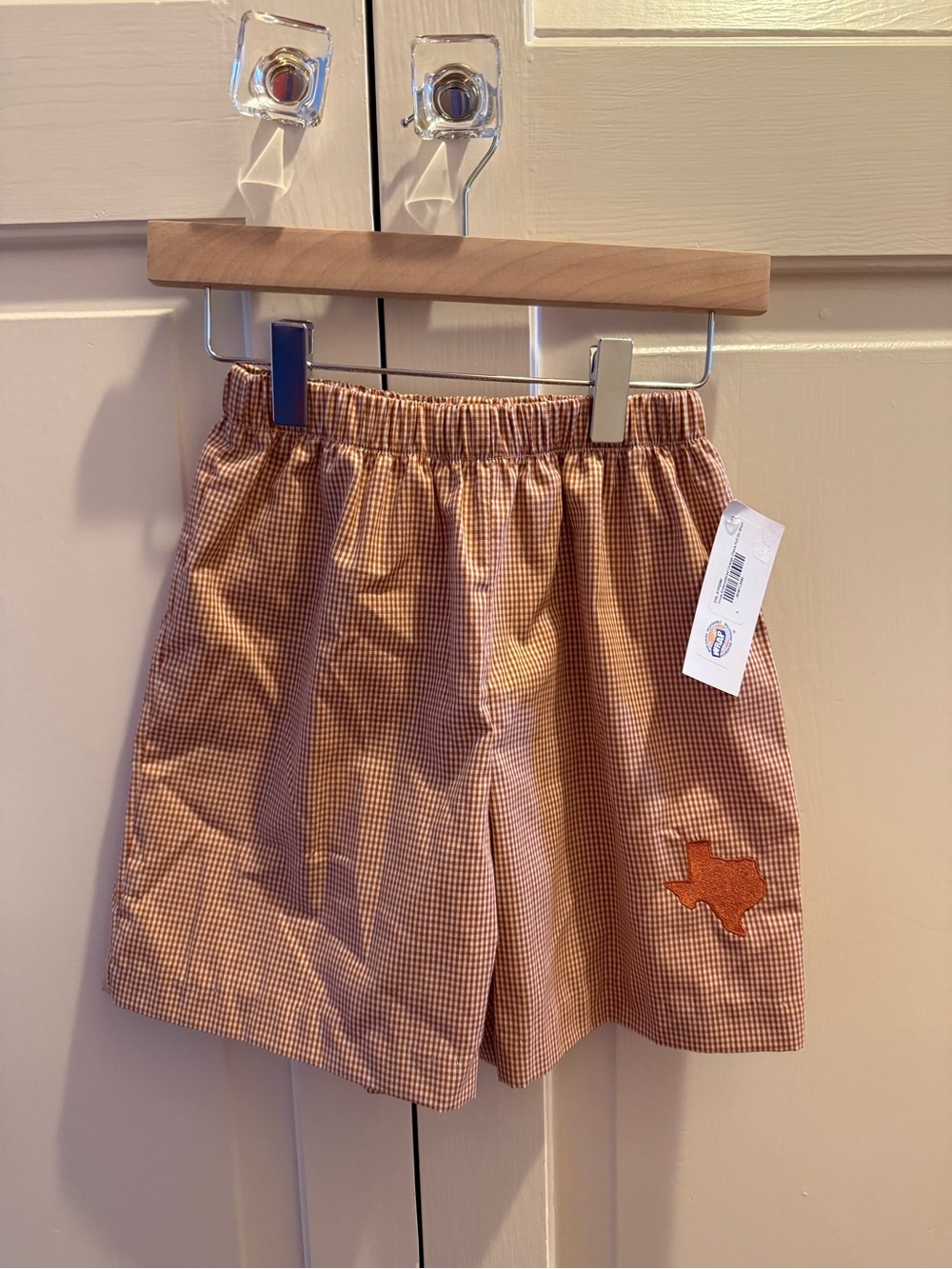 Kids Tan Gingham Shorts with Orange Texas Patch